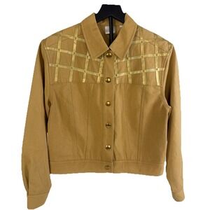 Apart Vintage Tan Cotton Jacket Gold Metallic Lattice Studded Denim‎ Style Sz 12